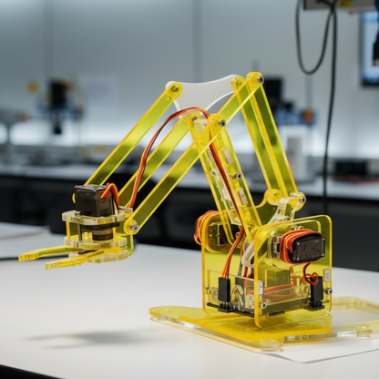 A transparent yellow robotic arm with visible wiring and a base mount, photographed on a white tabletop in a laboratory or workshop setting with blurred equipment in the background.