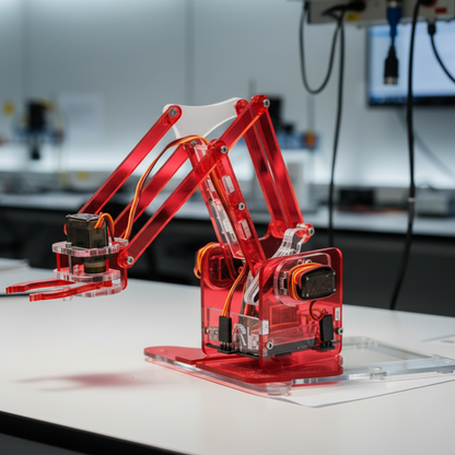 A red transparent robotic arm with visible internal components sits on a white tabletop in a laboratory or workshop setting with blurred equipment in the background.